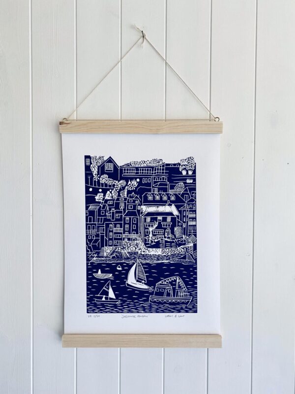 Salcombe navy lino cut print hanging frame