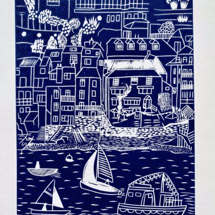 Salcombe navy linocut print close up