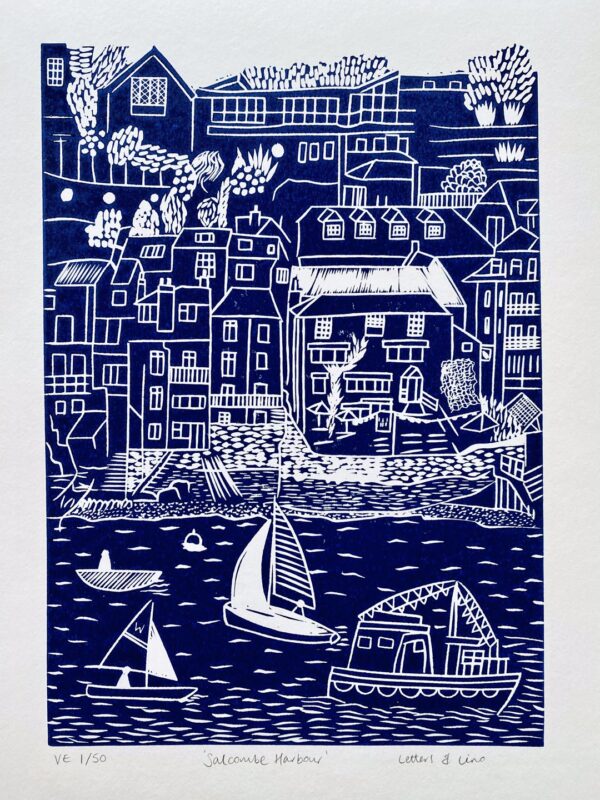 Salcombe navy linocut print close up