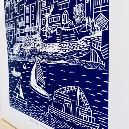 Salcombe navy linocut print close up hanging
