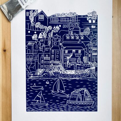 Salcombe navy linocut print ink