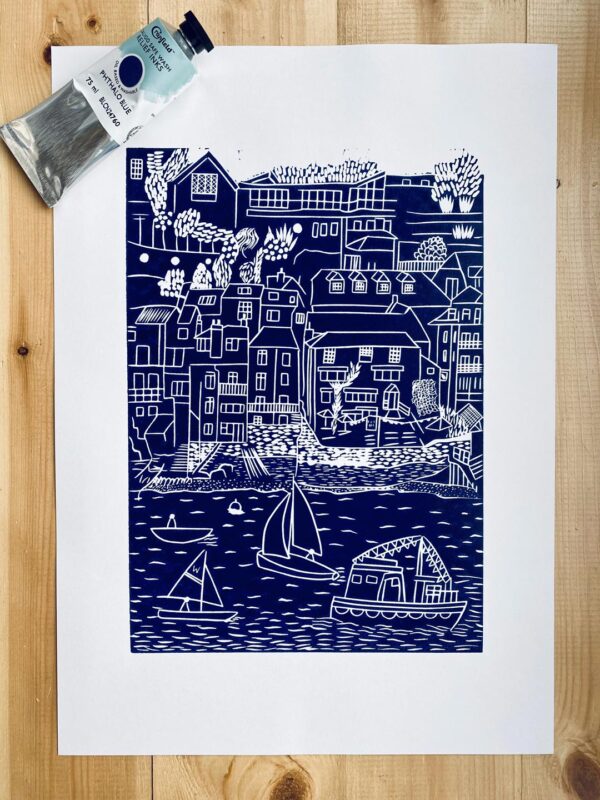 Salcombe navy linocut print ink