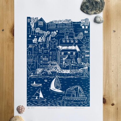 Salcombe navy linocut print unframed shells