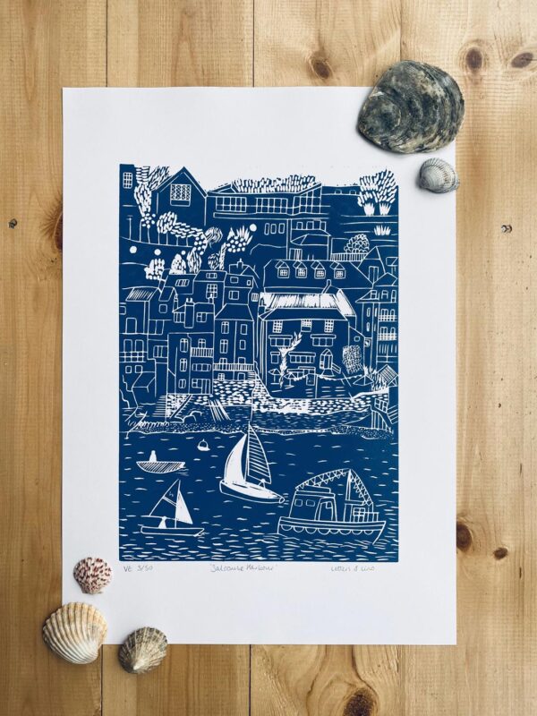 Salcombe navy linocut print unframed shells