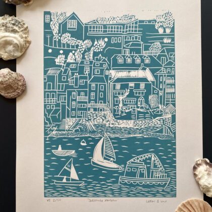 Salcombe sea green lino cut print unframed shells