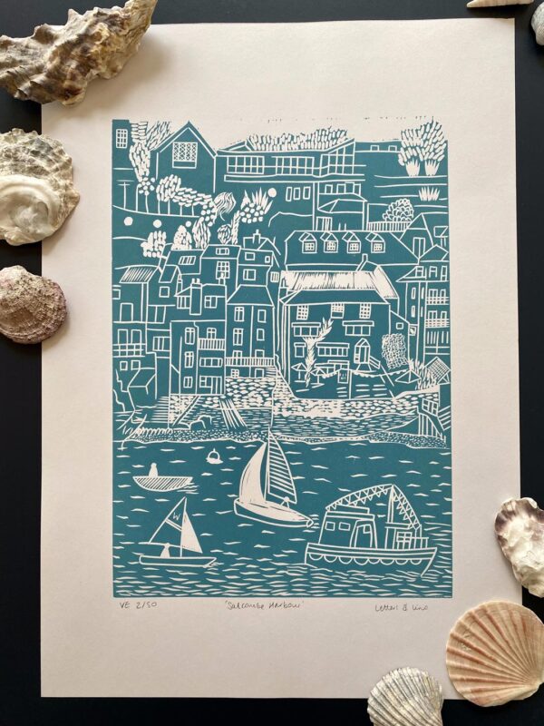 Salcombe sea green lino cut print unframed shells