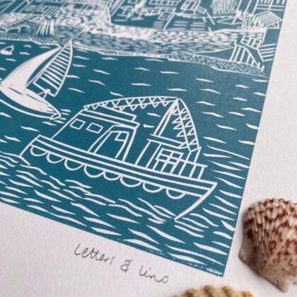 Salcombe sea green lino print detail shells