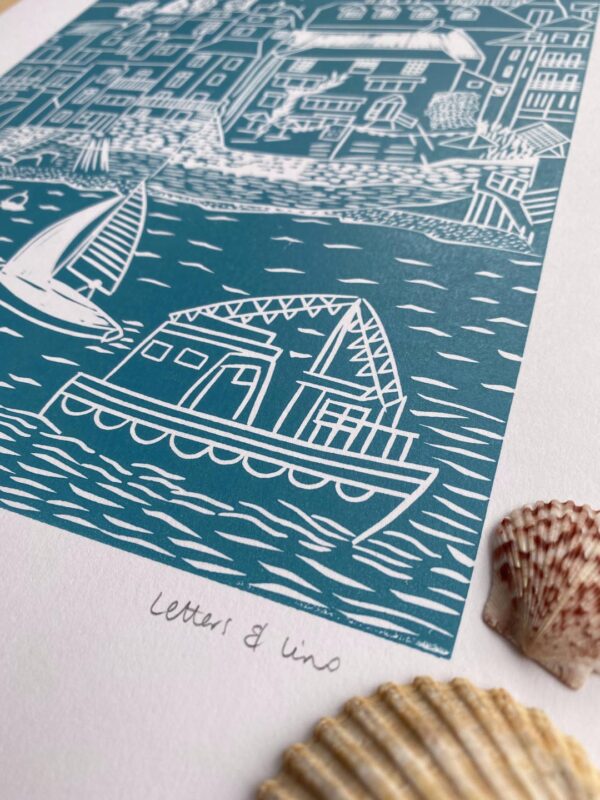 Salcombe sea green lino print detail shells