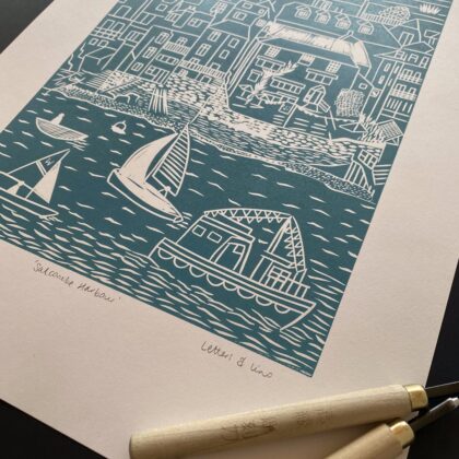 Salcombe sea green linocut print detail carving tools