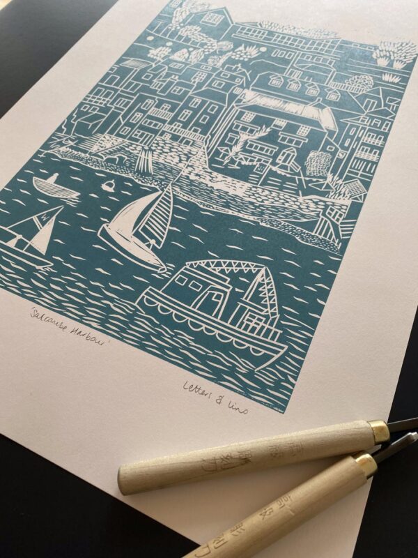 Salcombe sea green linocut print detail carving tools