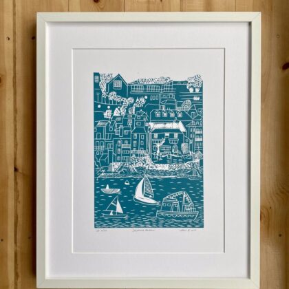Salcombe sea green linocut print frame