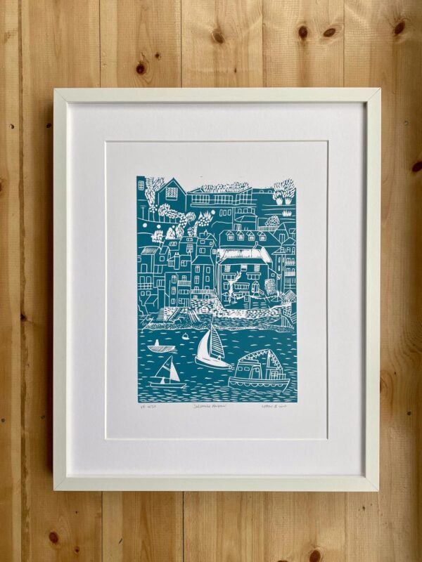 Salcombe sea green linocut print frame