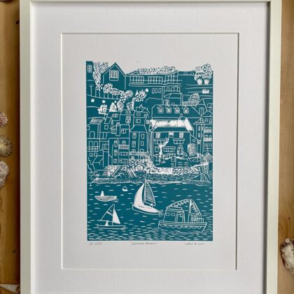 Salcombe sea green linocut print framed shells
