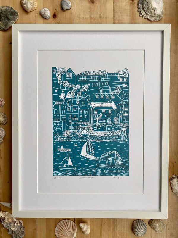 Salcombe sea green linocut print framed shells