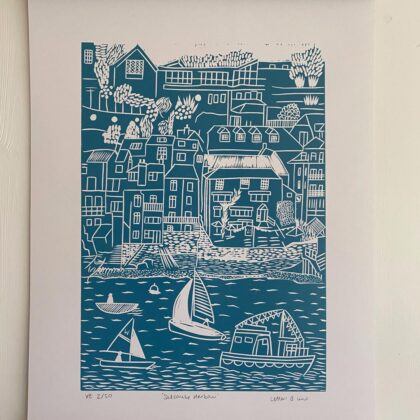 Salcombe sea green linocut print hanging frame