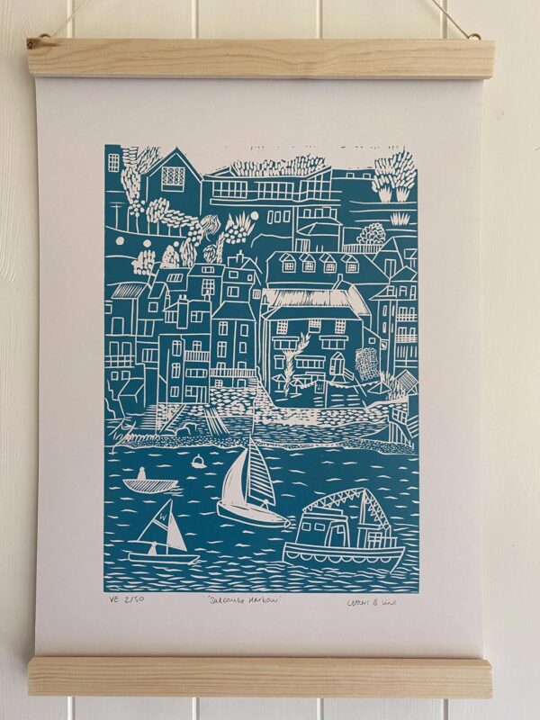 Salcombe sea green linocut print hanging frame