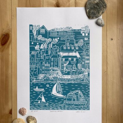 Salcombe sea green linocut print unframed shells
