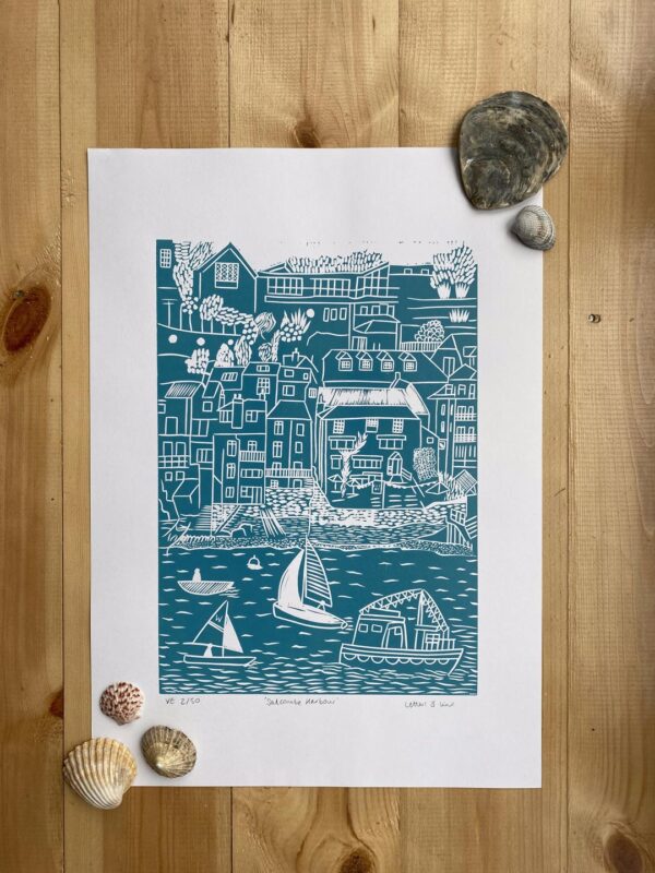 Salcombe sea green linocut print unframed shells
