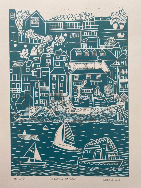 Salcombe sea green linocut unframed