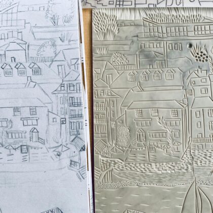 Salcombe sketch lino block image transfer detail