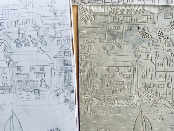 Salcombe sketch lino block image transfer detail
