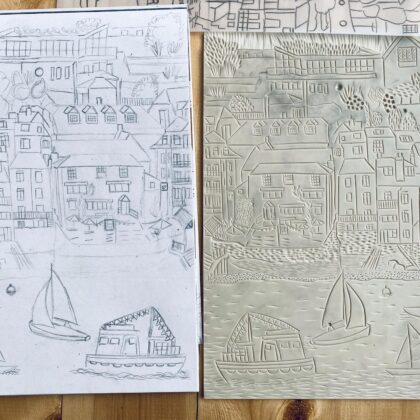 Salcombe sketch lino image transfer close up
