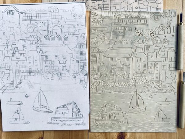 Salcombe sketch lino image transfer close up