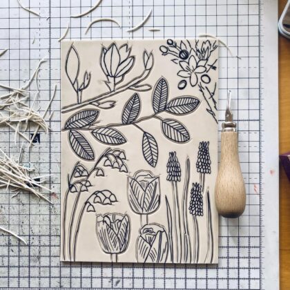 Spring lino block carving progress detail