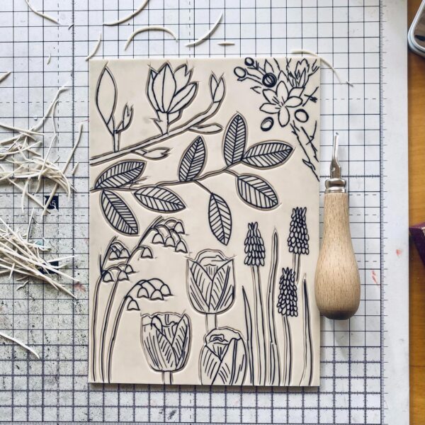 Spring lino block carving progress detail