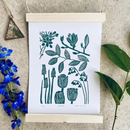 Spring lino cut print framed leaves