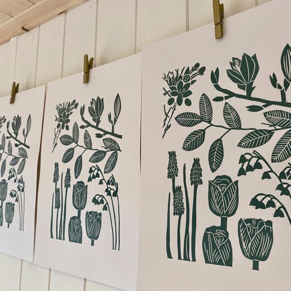 Spring lino cut prints drying