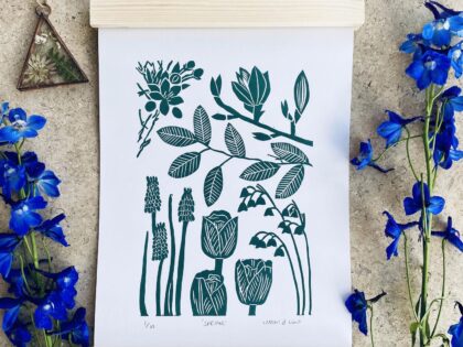 Spring linocut print framed flowers