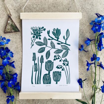 Spring linocut print framed flowers