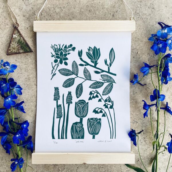 Spring linocut print framed flowers