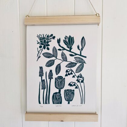 Spring linocut print framed hanging