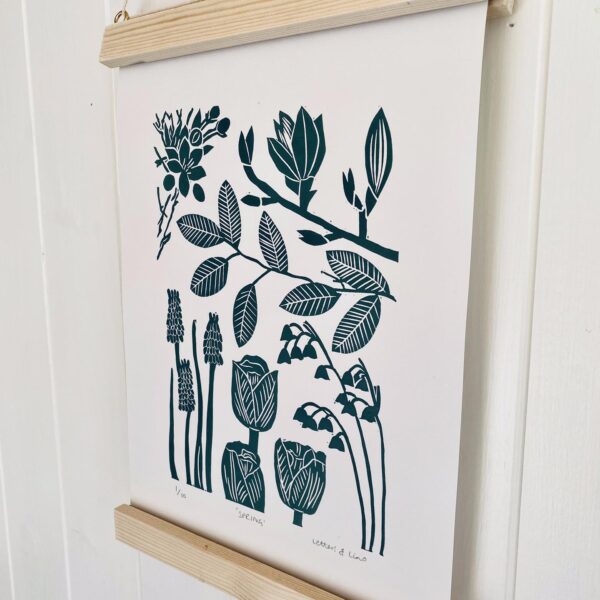Spring linocut print framed hanging detail