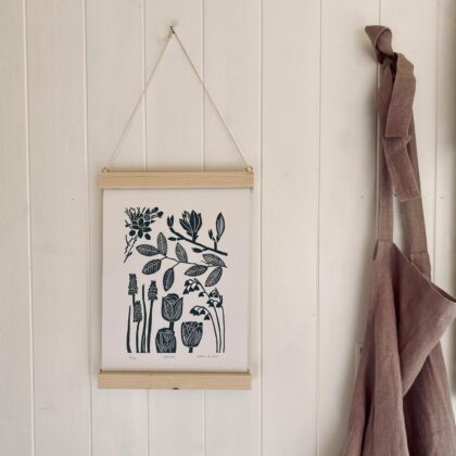 Spring linocut print framed hanging display