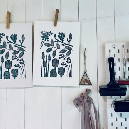Spring linocut prints in studio