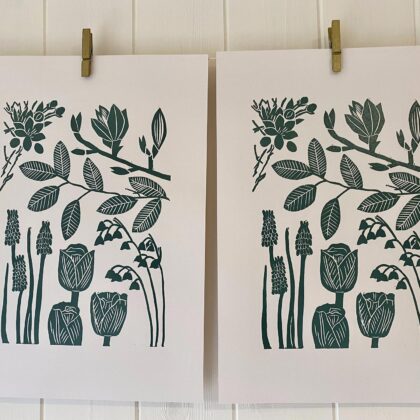 Spring linocut prints pair drying