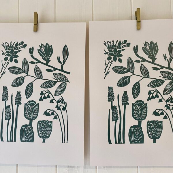 Spring linocut prints pair drying