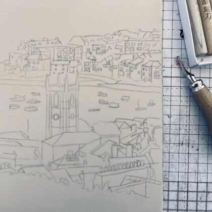St ives image transferred to lino block ready to carve