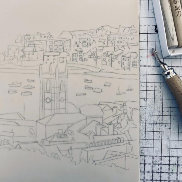 St ives image transferred to lino block ready to carve