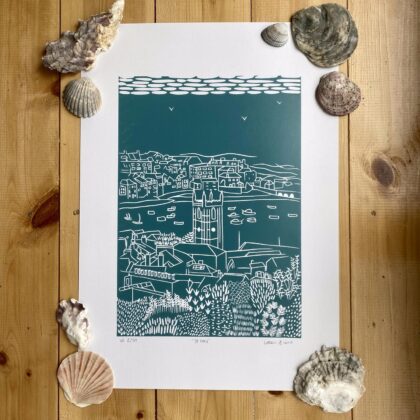 St ives lino cut print sea green