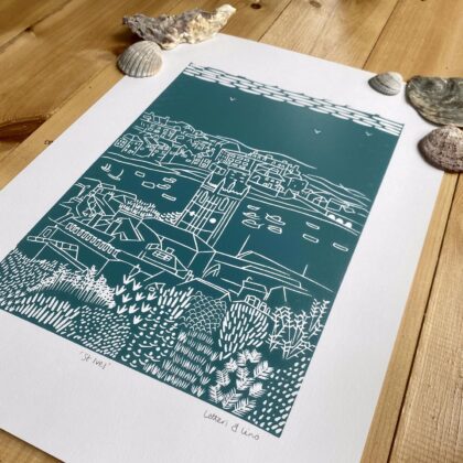 St ives lino cut print sea green close up