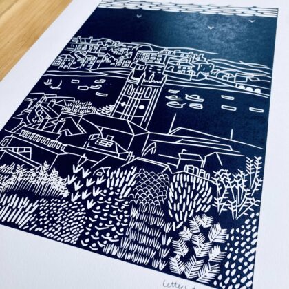 St ives linocut print navy detail