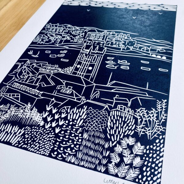 St ives linocut print navy detail
