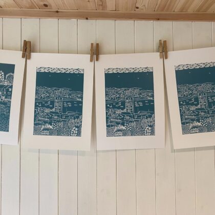 St ives linocut print sea green drying