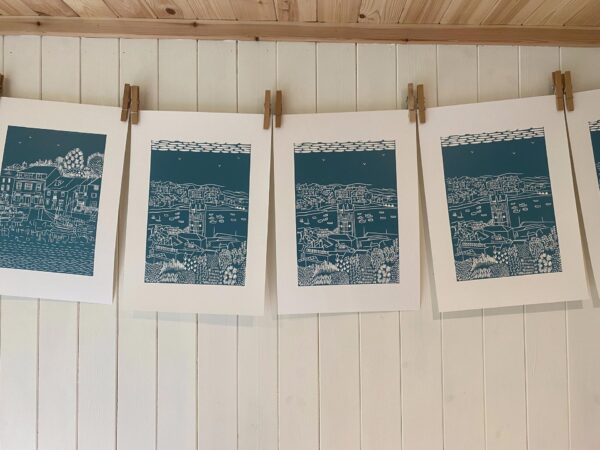 St ives linocut print sea green drying