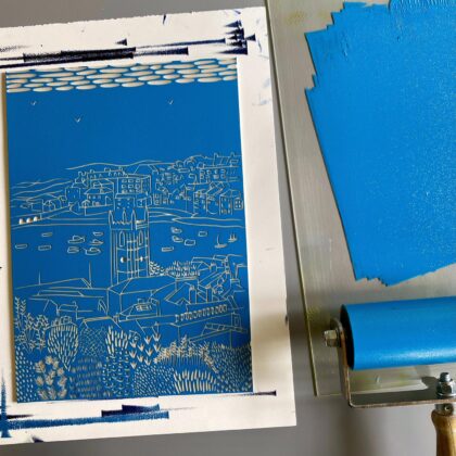 St ives mid blue inked lino block