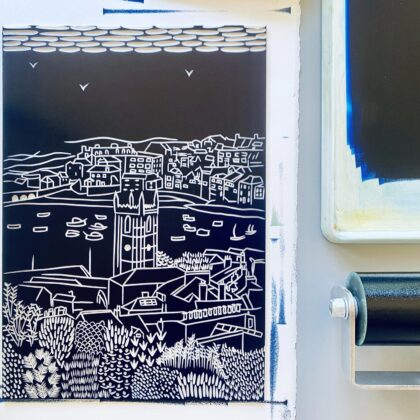 St ives navy inked lino block